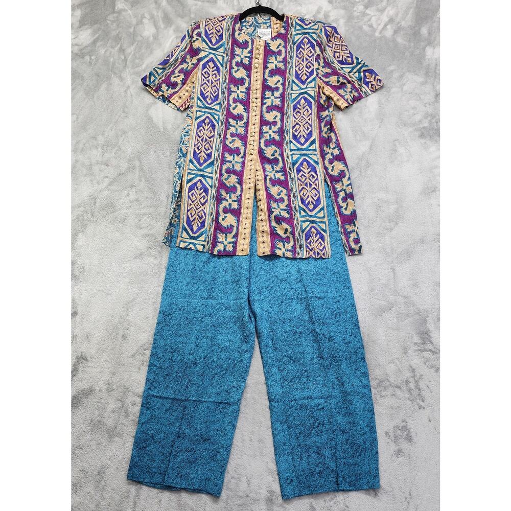 Vintage 80s R &Mโ Richards Karen Kwong Top Pants Set Women's Size 8 Blue Purple